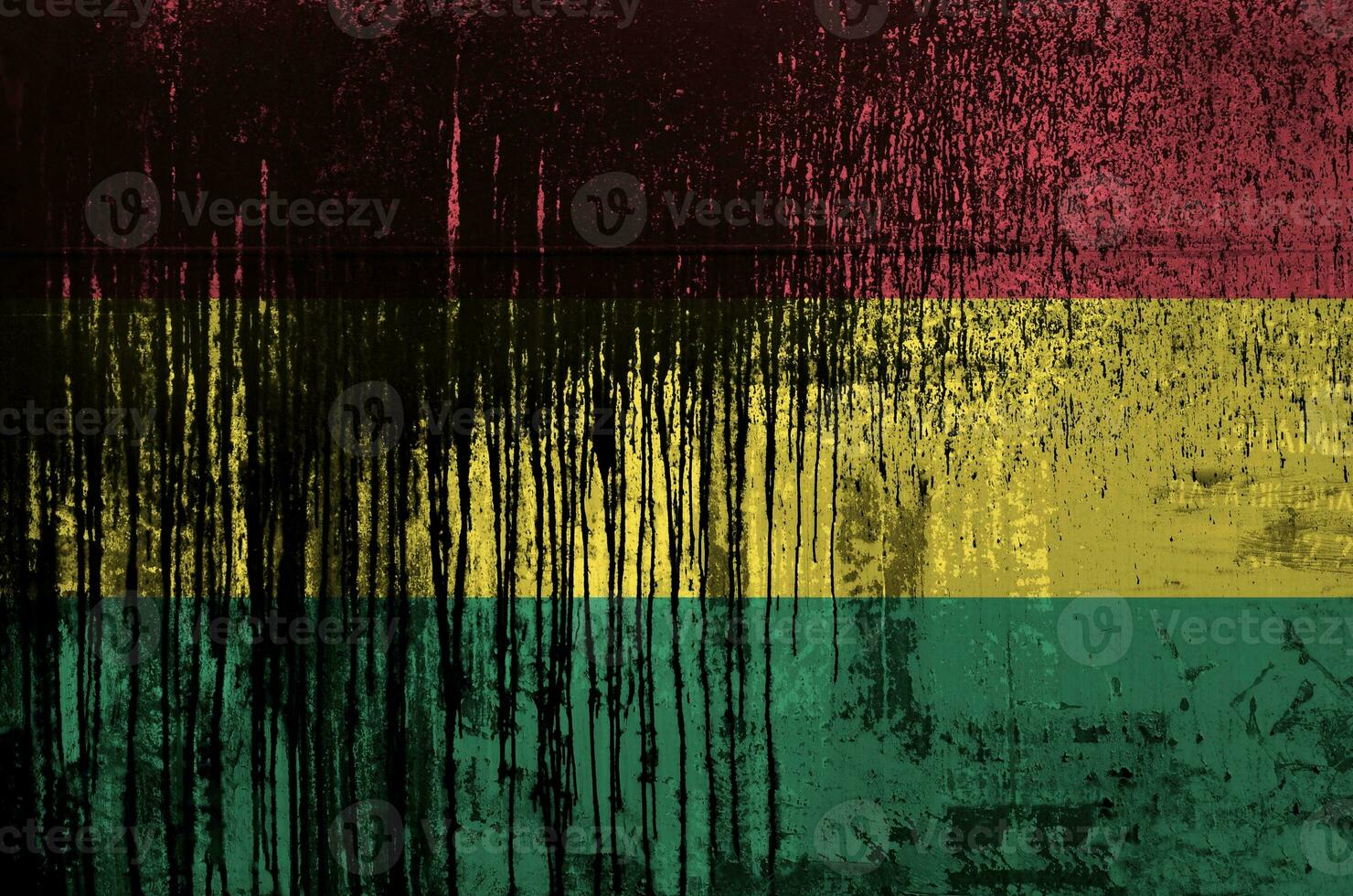 Bolivia flag depicted in paint colors on old and dirty oil barrel wall closeup. Textured banner on rough background photo