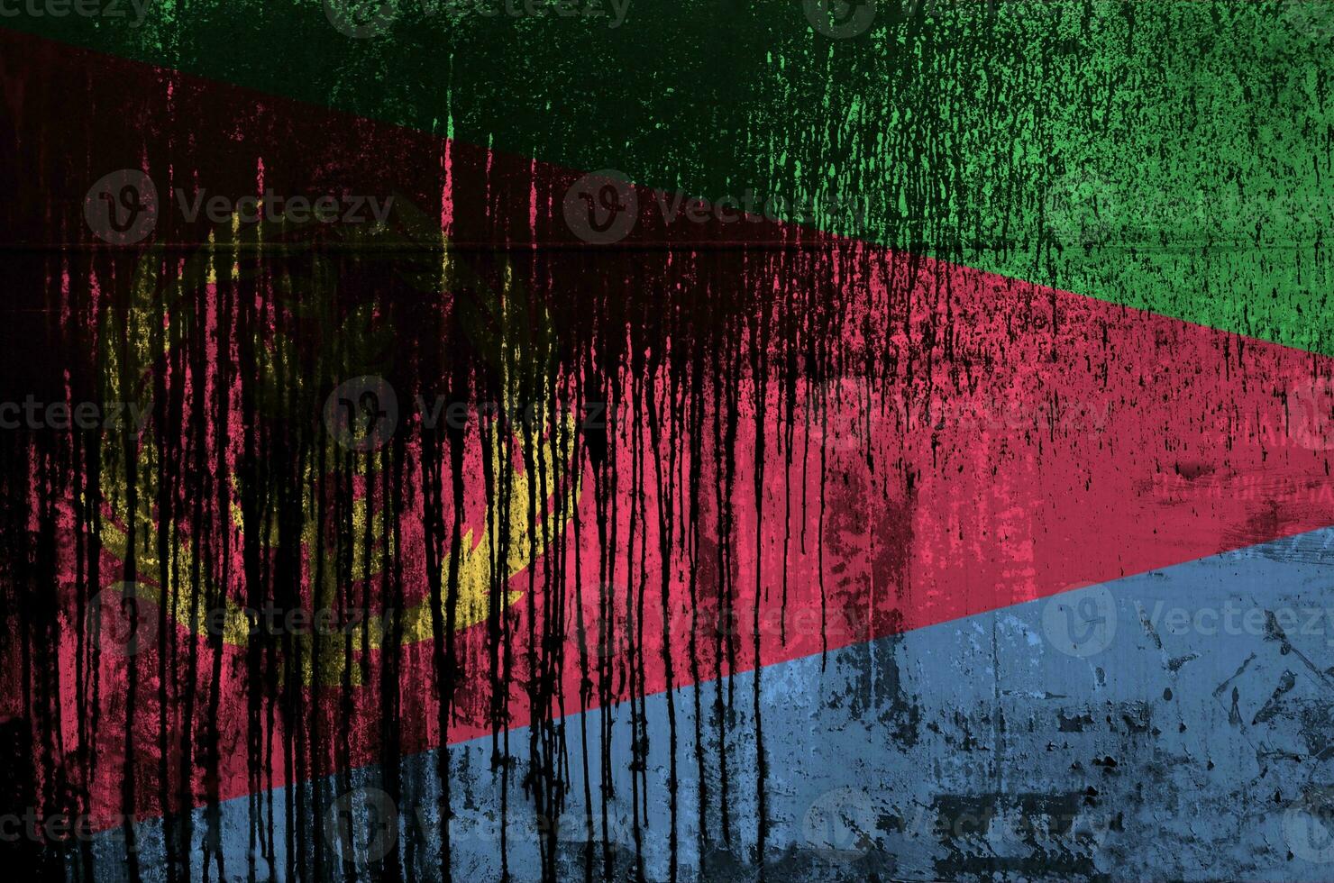 Eritrea flag depicted in paint colors on old and dirty oil barrel wall closeup. Textured banner on rough background photo