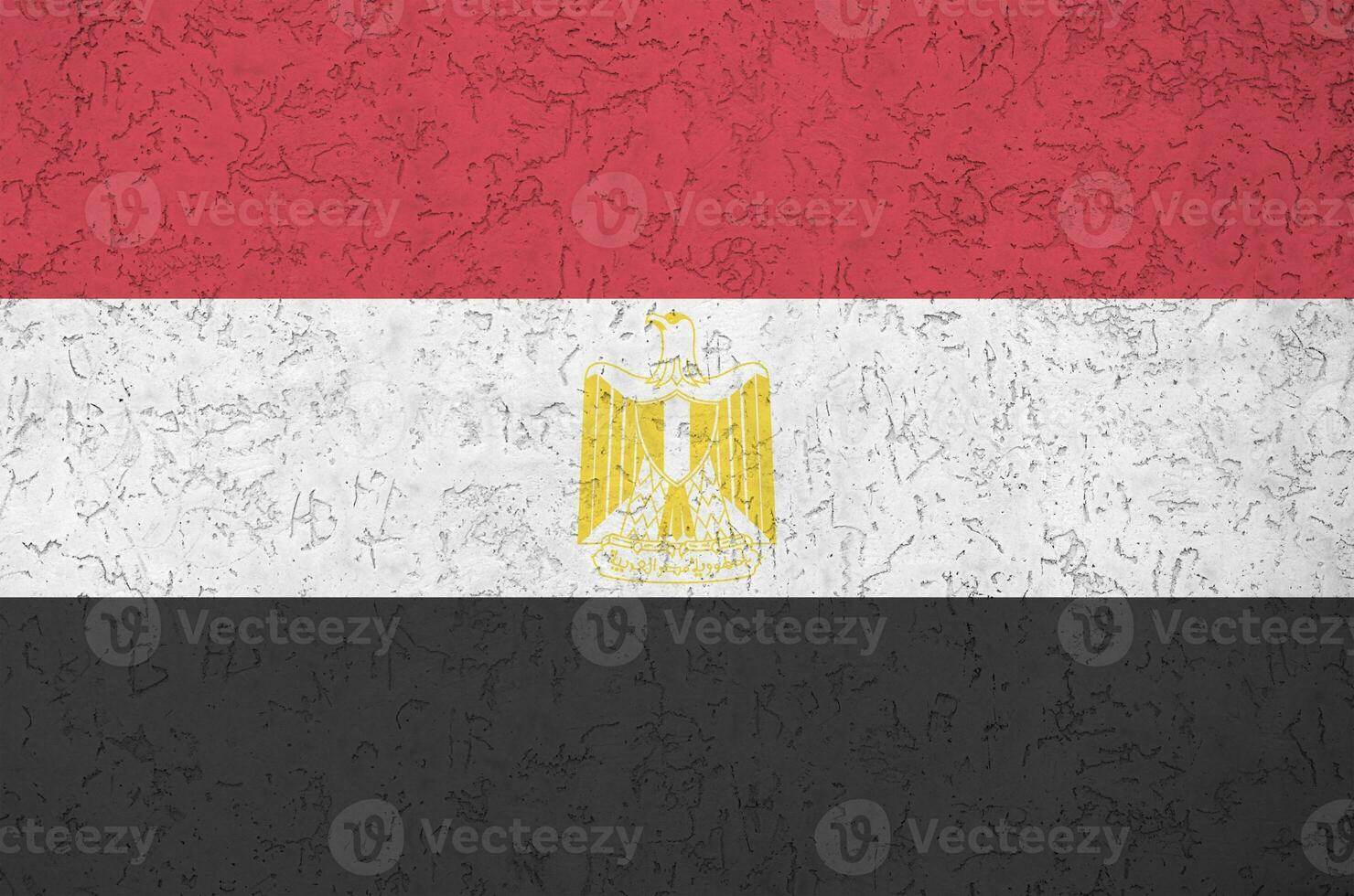 Egypt flag depicted in bright paint colors on old relief plastering wall. Textured banner on rough background photo