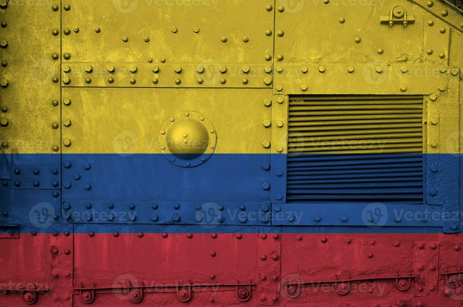 Colombia flag depicted on side part of military armored tank closeup. Army forces conceptual background photo