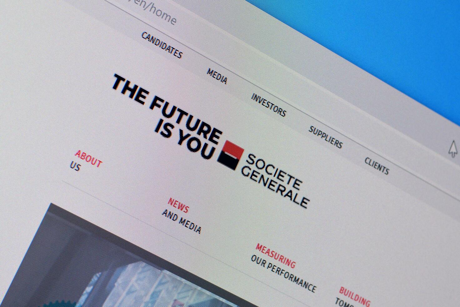 Homepage of societe generale website on the display of PC, url - societegenerale.com. photo