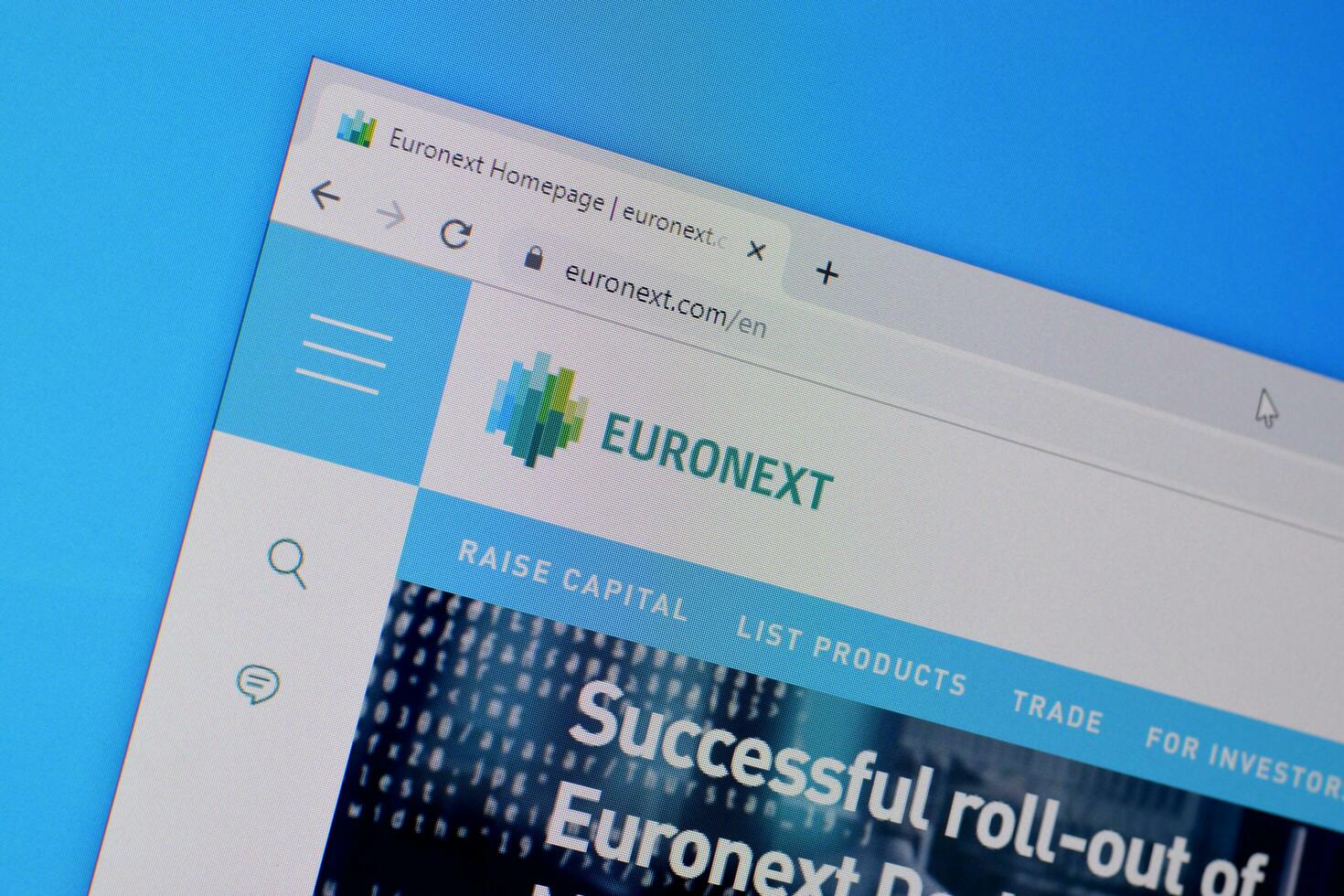 Homepage of euronext website on the display of PC, url - euronext.com. photo