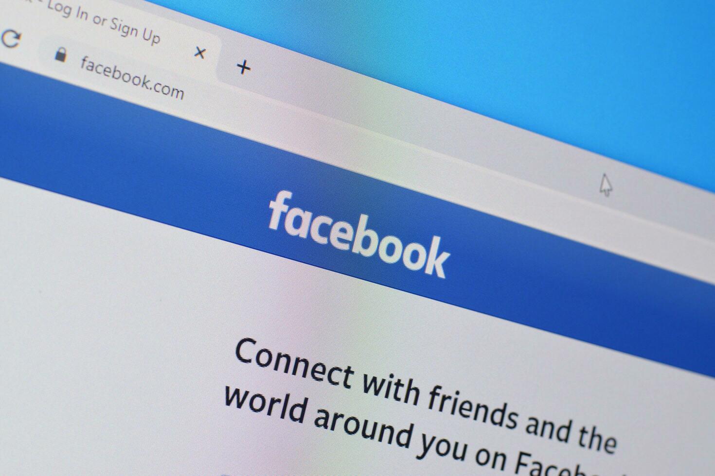 Homepage of facebook website on the display of PC, url - facebook.com. photo