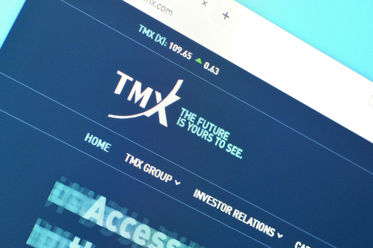 Homepage of tmx website on the display of PC, url - tmx.com. photo
