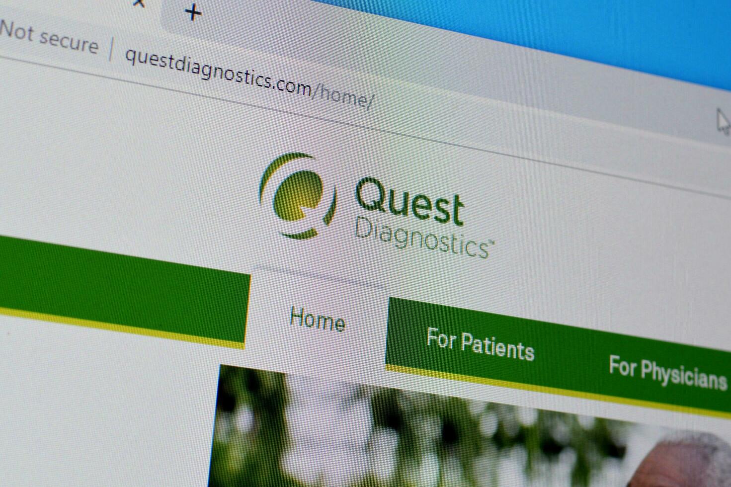 Homepage of quest diagnostics website on the display of PC, url - questdiagnostics.com. photo