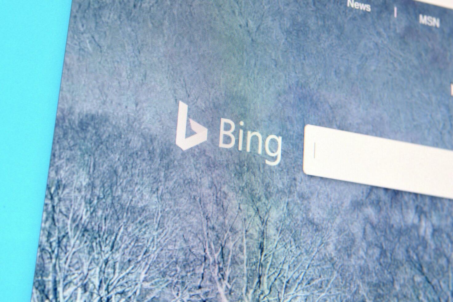 Homepage of bing website on the display of PC, url - bing.com. photo