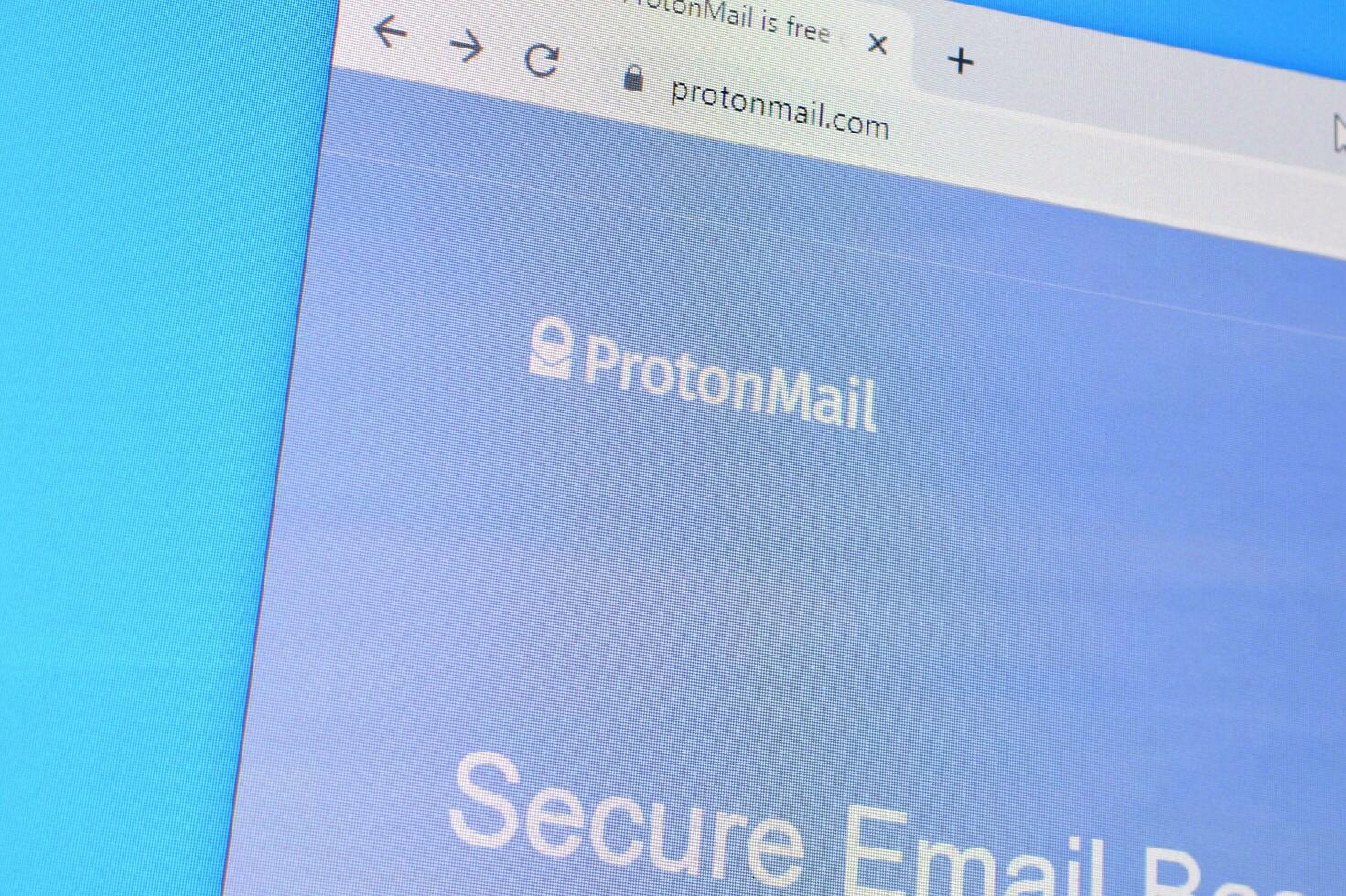 Homepage of proton mail website on the display of PC, url - protonmail.com. photo