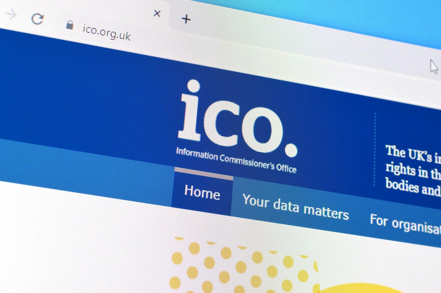 Homepage of ico org website on the display of PC, url - ico.org.uk. photo