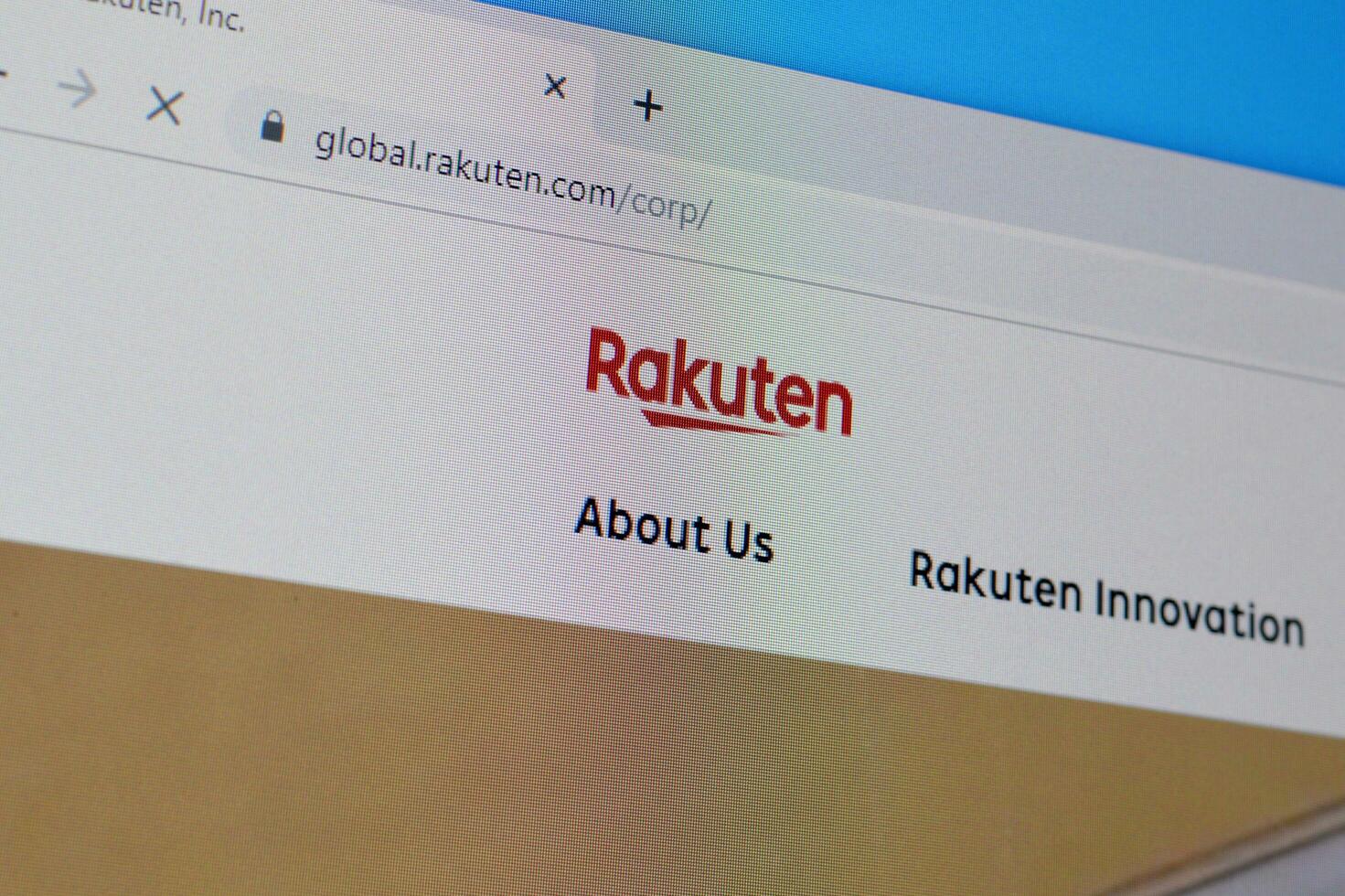 Homepage of rakuten website on the display of PC, url - global.rakuten.com. photo