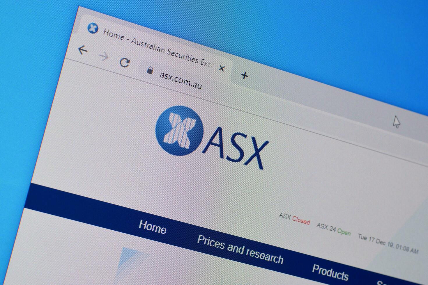Homepage of asx website on the display of PC, url - asx.com.au. photo