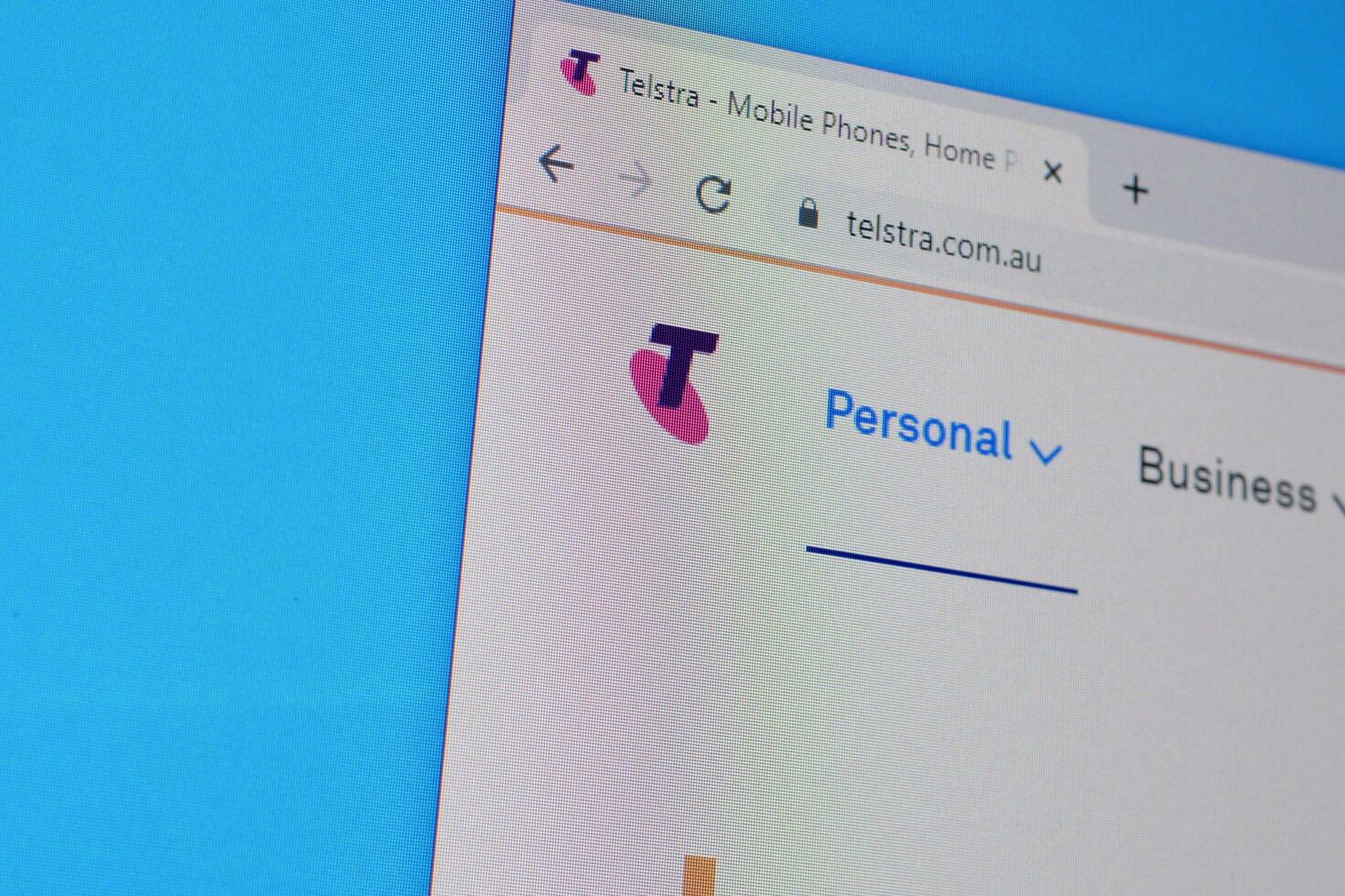 Homepage of telstra website on the display of PC, url - telstra.com.au. photo