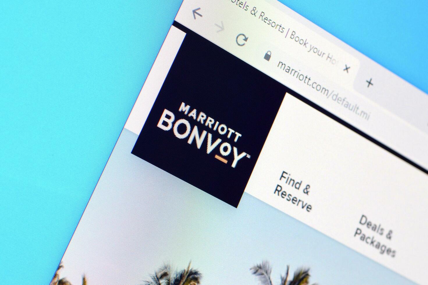 Homepage of marriot bonvoy website on the display of PC, url - marriott.com. photo