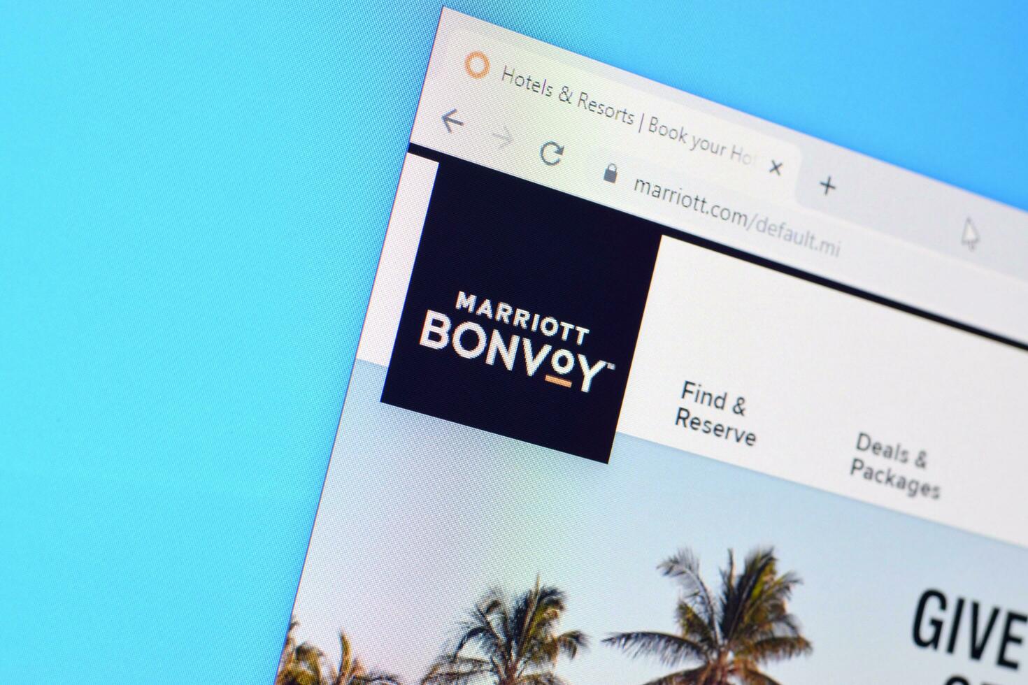 Homepage of marriot bonvoy website on the display of PC, url - marriott.com. photo