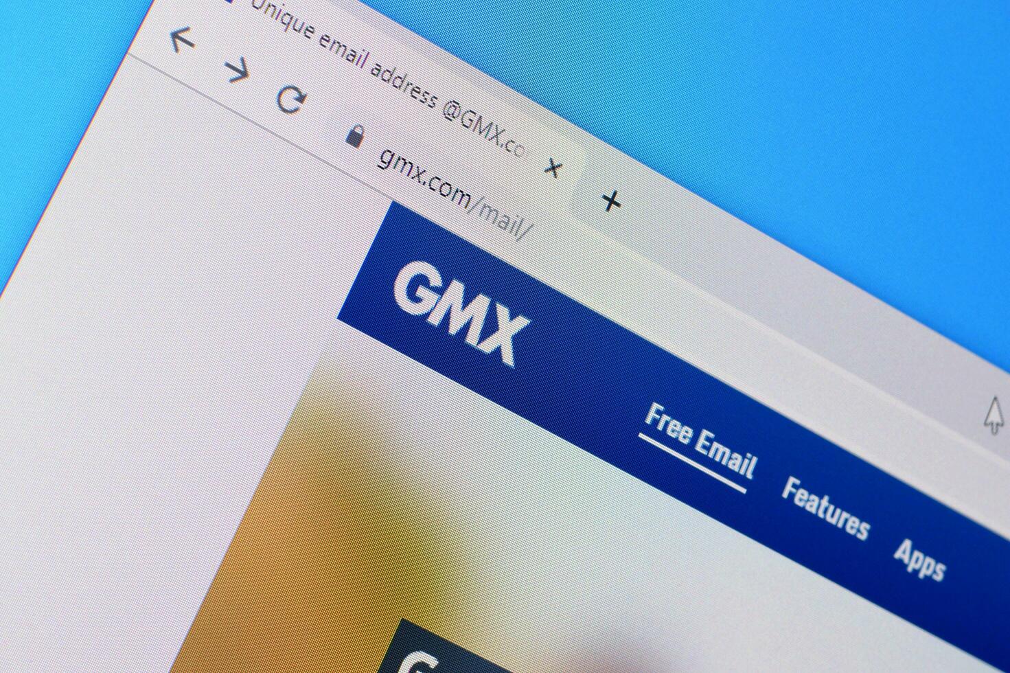 Homepage of gmx mail website on the display of PC, url - gmx.com. photo