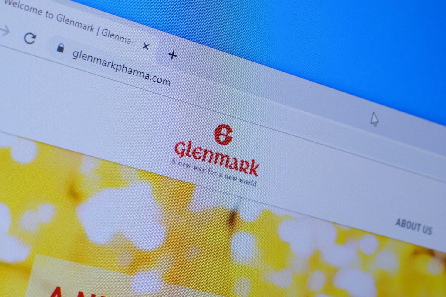 Homepage of glenmark pharma website on the display of PC, url - glenmarkpharma.com. photo