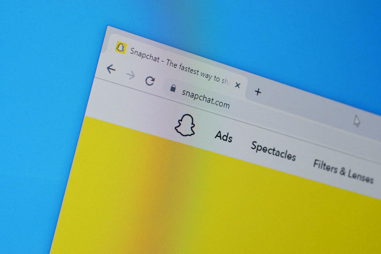 Homepage of snapchat website on the display of PC, url - snapchat.com. photo
