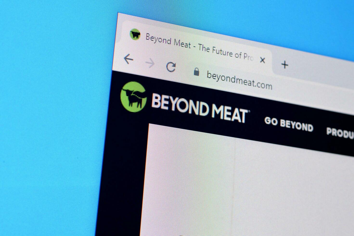 Homepage of beyond meat website on the display of PC, url - beyondmeat.com. photo