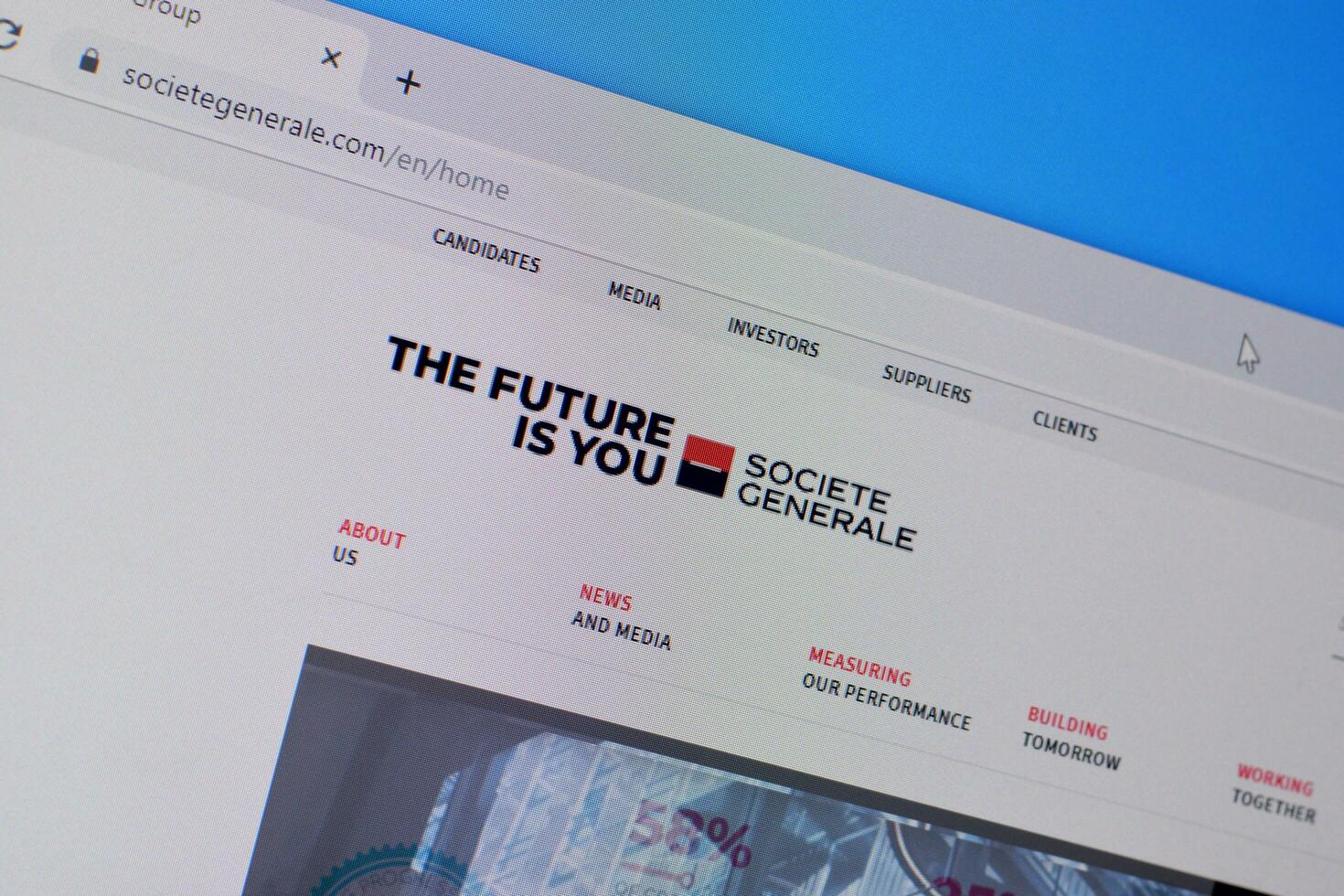 Homepage of societe generale website on the display of PC, url - societegenerale.com. photo