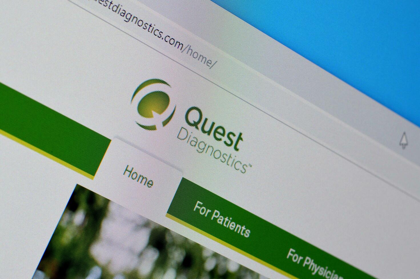 Homepage of quest diagnostics website on the display of PC, url - questdiagnostics.com. photo