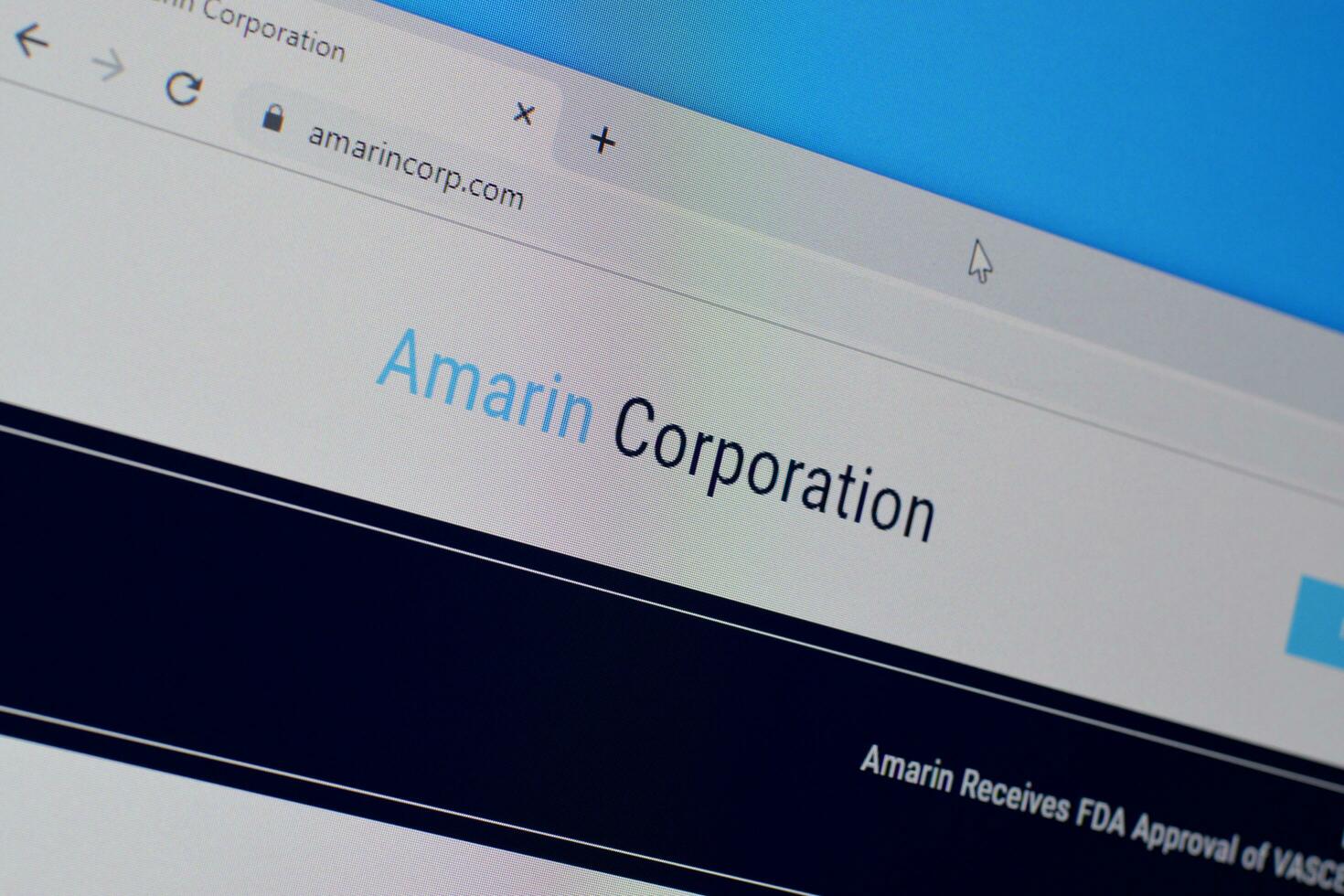Homepage of amarin corporation website on the display of PC, url - amarincorp.com. photo