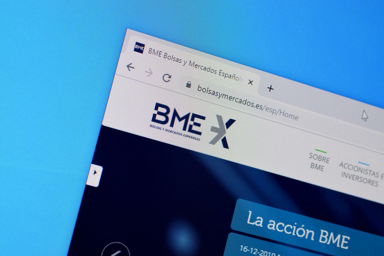 Homepage of bolsasymercados bme website on the display of PC, url - www.bolsasymercados.es. photo