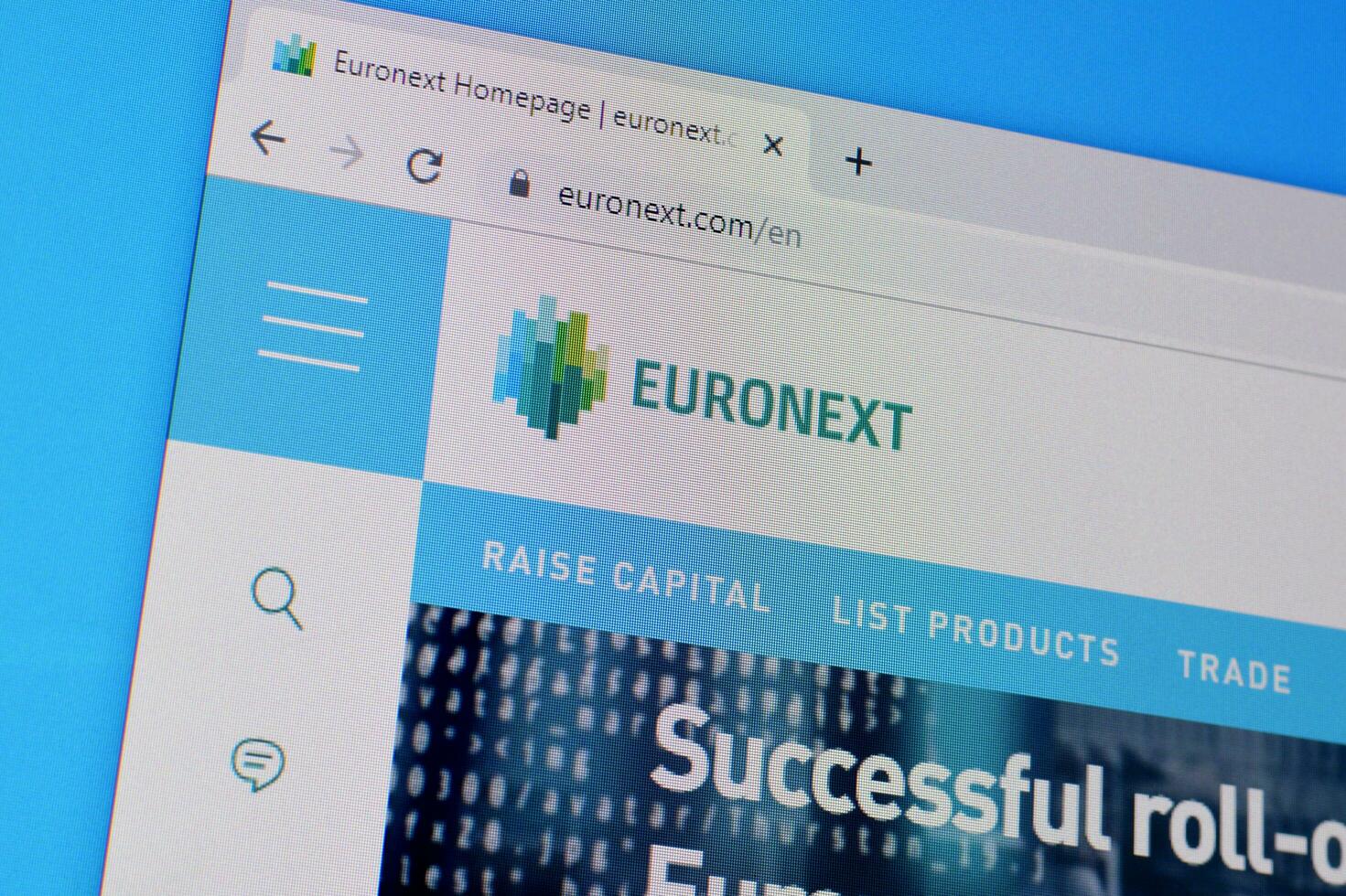 Homepage of euronext website on the display of PC, url - euronext.com. photo