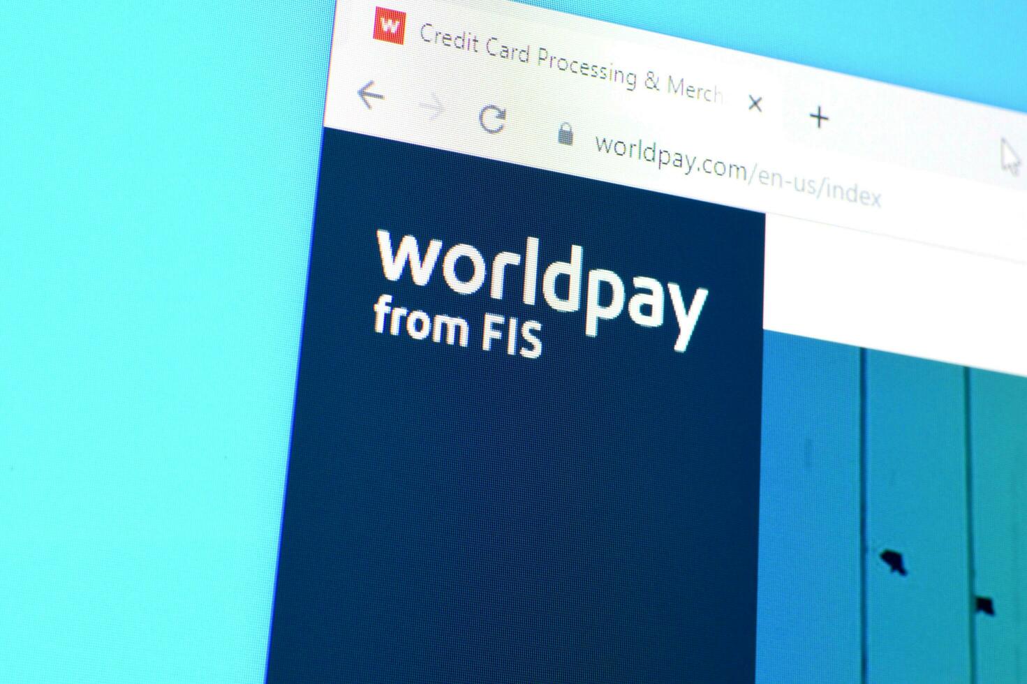 Homepage of worldpay website on the display of PC, url - worldpay.com. photo