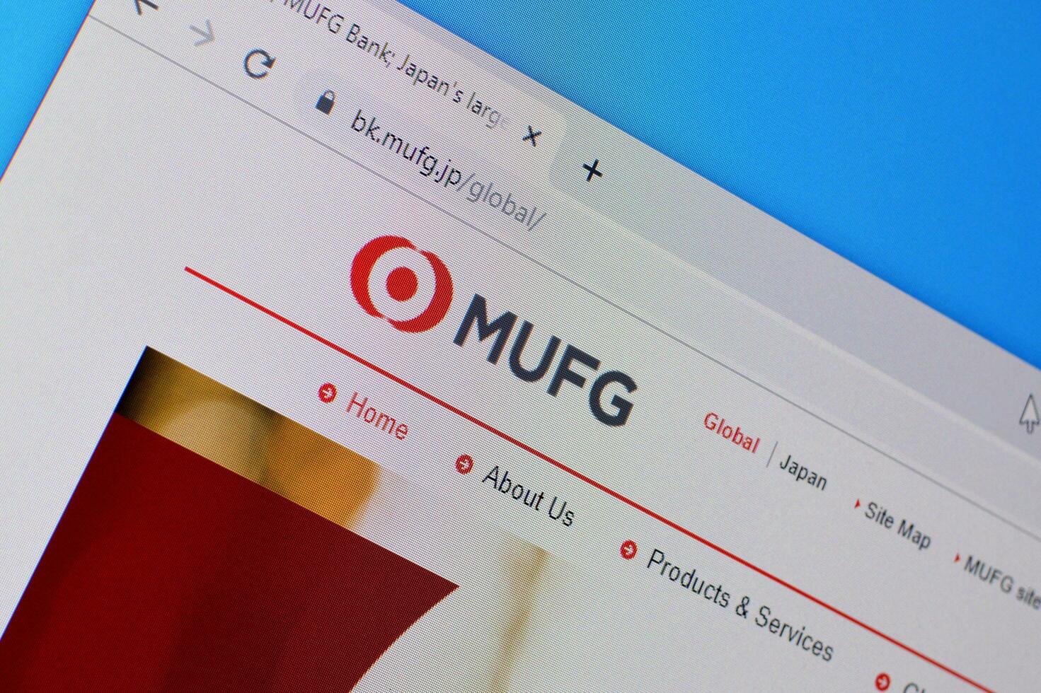 Homepage of mufg website on the display of PC, url - bk.mufg.jp. photo