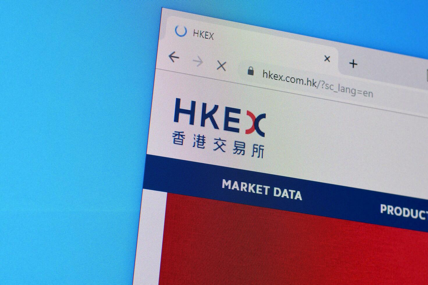Homepage of hkex website on the display of PC, url - hkex.com.hk. photo