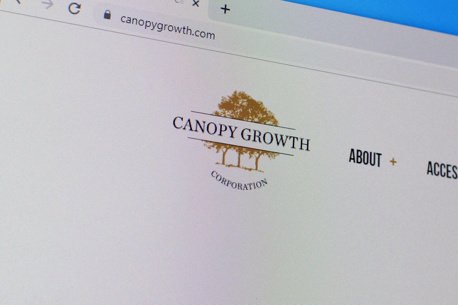 Homepage of canopy growth website on the display of PC, url - canopygrowth.com. photo
