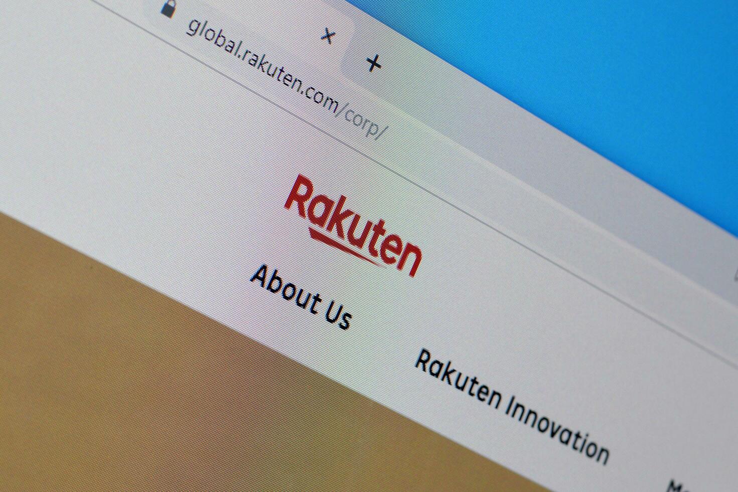 Homepage of rakuten website on the display of PC, url - global.rakuten.com. photo