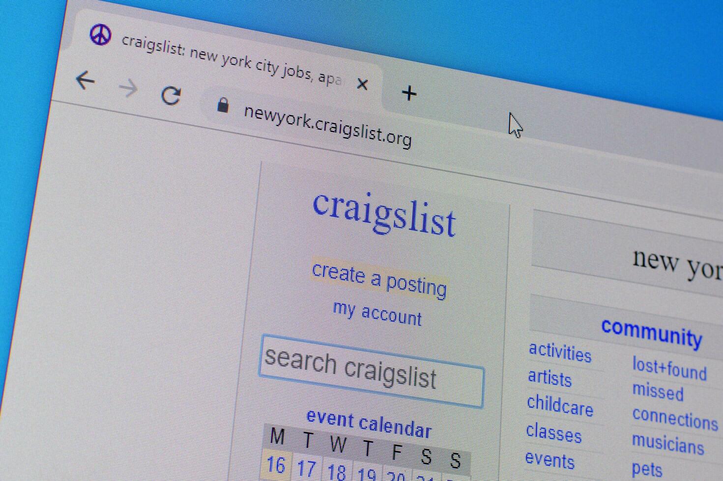 Homepage of craigslist website on the display of PC, url - craigslist.org. photo