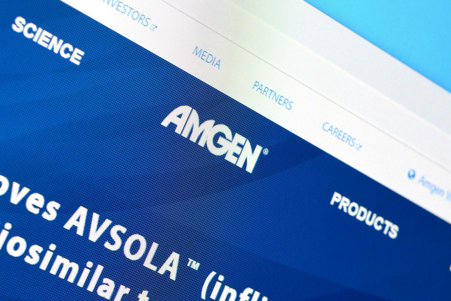 Homepage of amgen website on the display of PC, url - amgen.com. photo