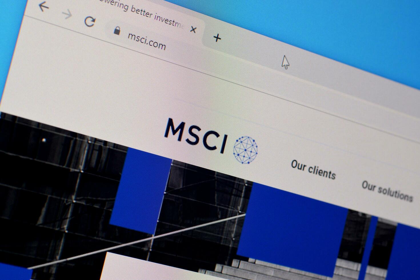 Homepage of msci website on the display of PC, url - msci.com. photo
