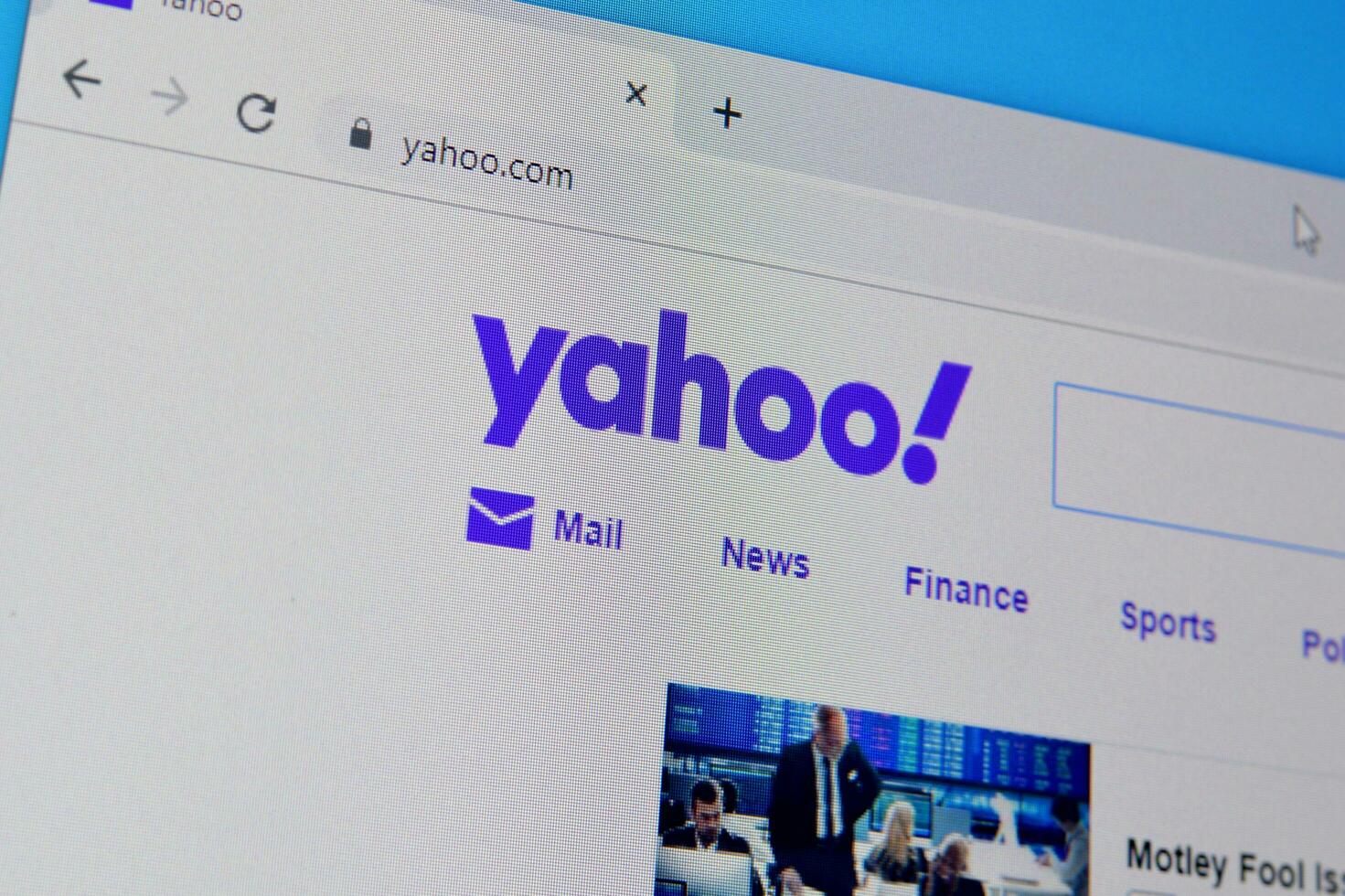 Homepage of yahoo website on the display of PC, url - yahoo.com. photo