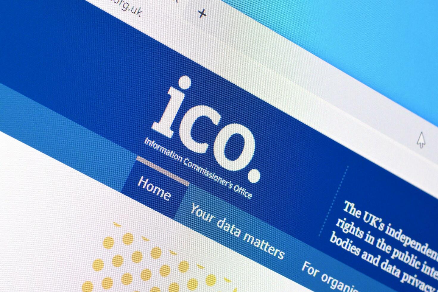 Homepage of ico org website on the display of PC, url - ico.org.uk. photo