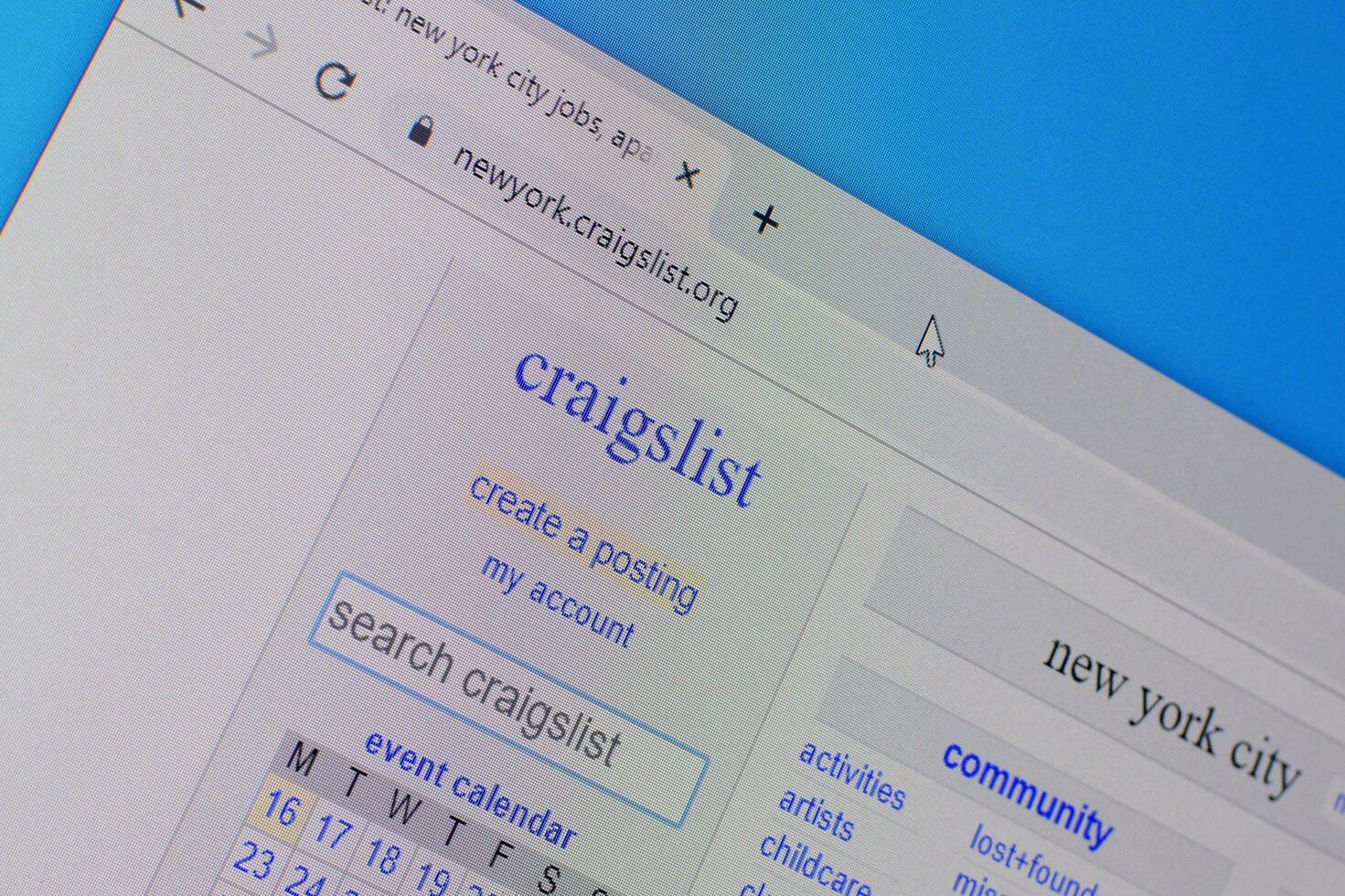 Homepage of craigslist website on the display of PC, url - craigslist.org. photo