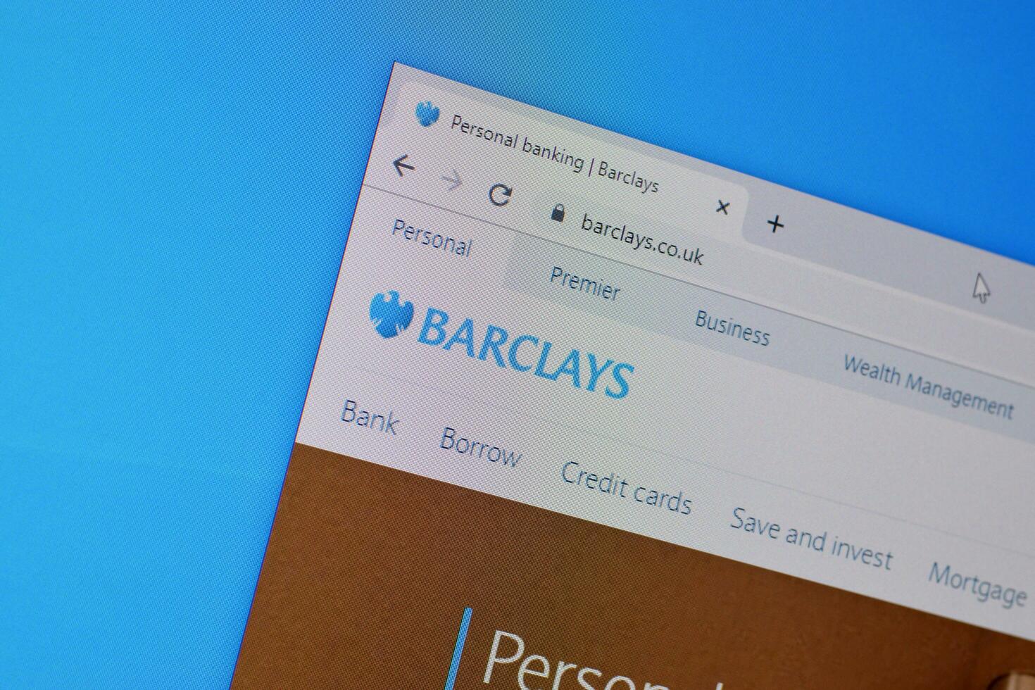 Homepage of barclays website on the display of PC, url - barclays.co.uk. photo