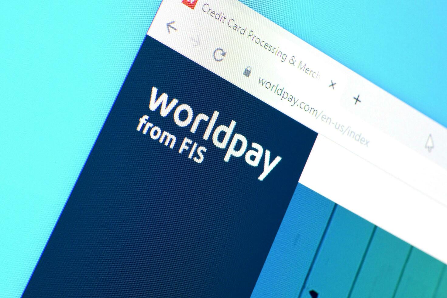 Homepage of worldpay website on the display of PC, url - worldpay.com. photo