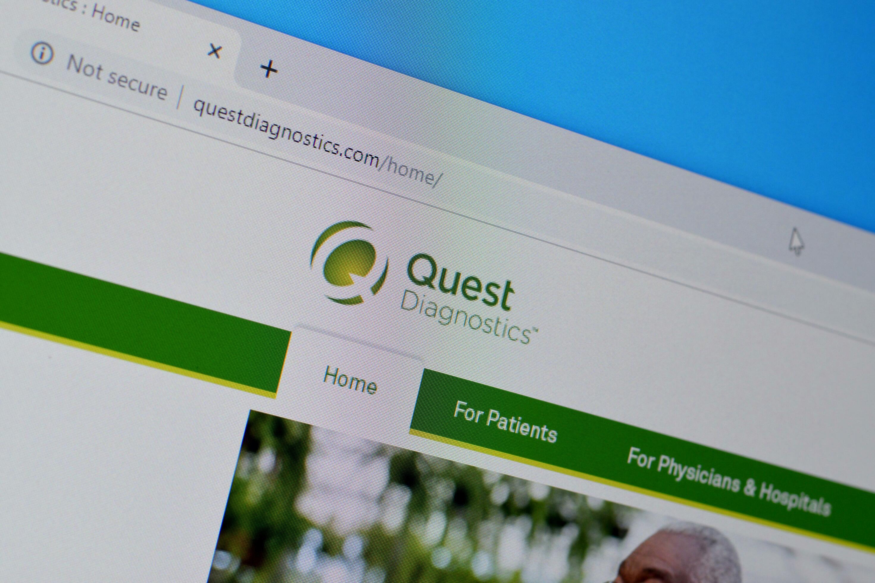 Homepage of quest diagnostics website on the display of PC, url