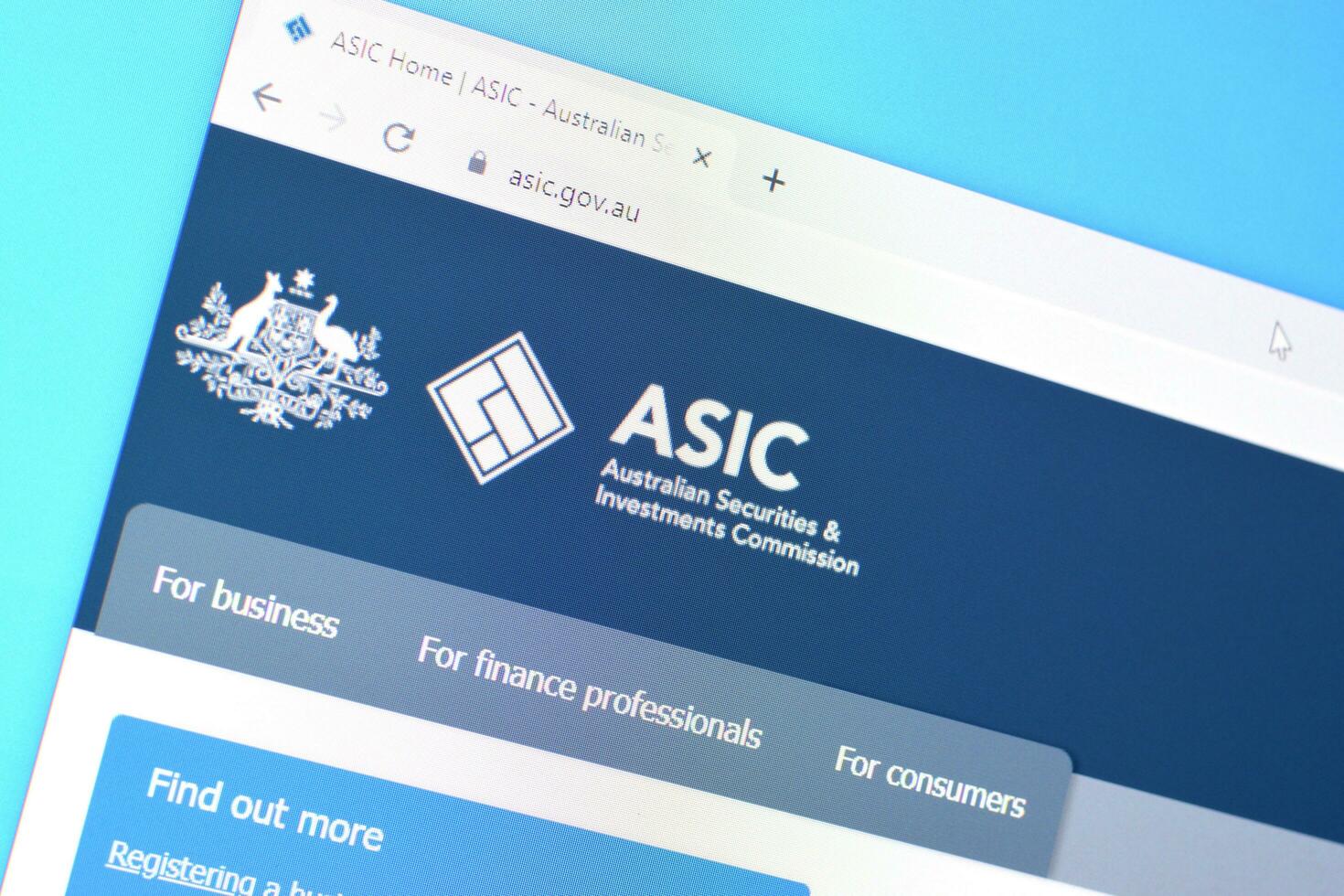 Homepage of asic website on the display of PC, url - asic.gov.au. photo