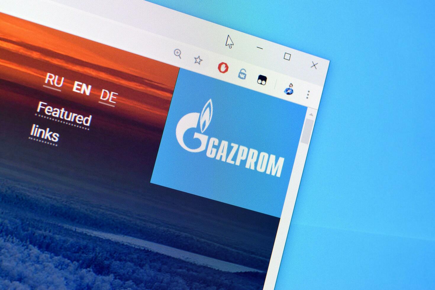 Homepage of gazprom website on the display of PC, url - gazprom.com. photo