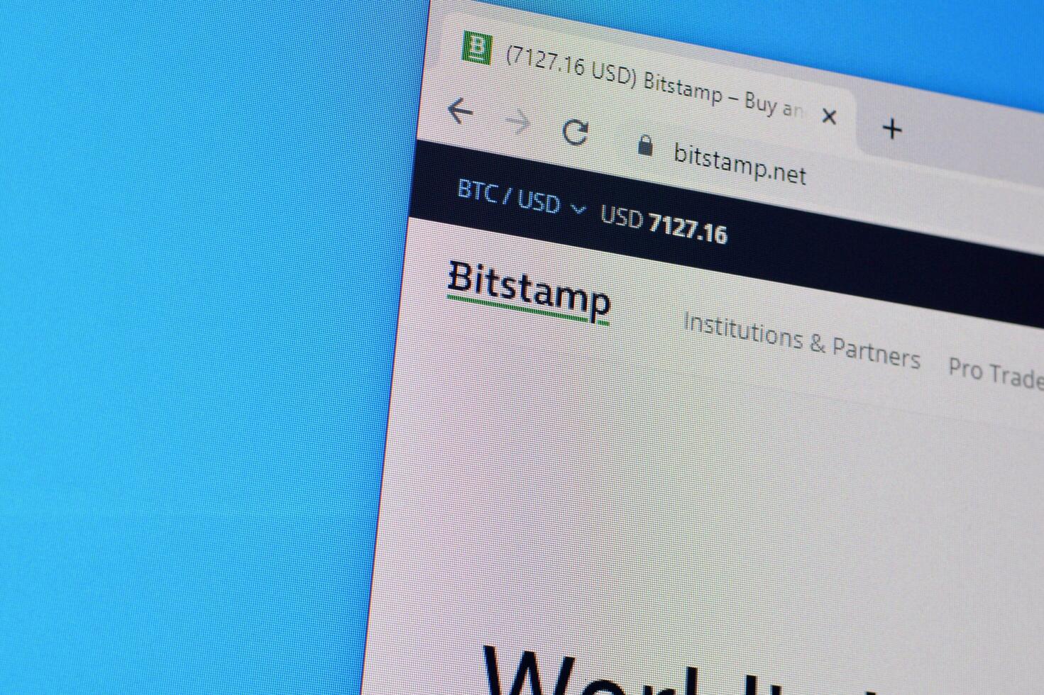 Homepage of bitstamp website on the display of PC, url - bitstamp.net. photo