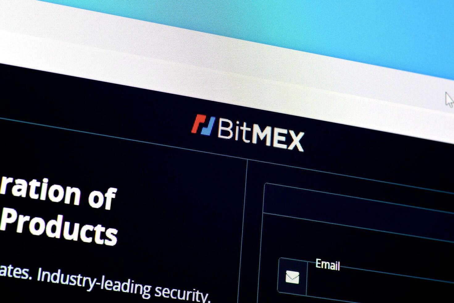 Homepage of bitmex website on the display of PC, url - bitmex.com. photo