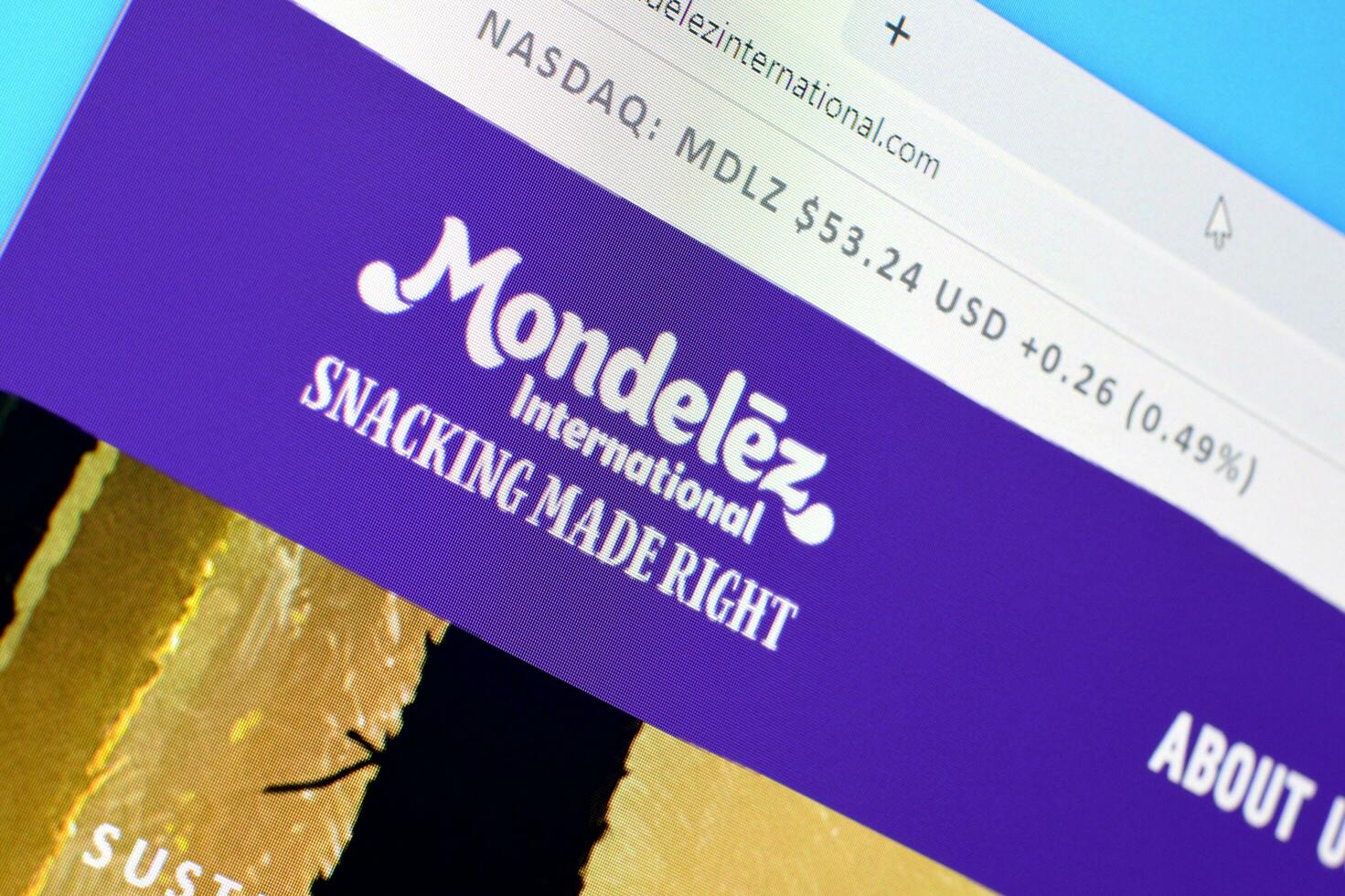 Homepage of mondelez international website on the display of PC, url - mondelezinternational.com. photo
