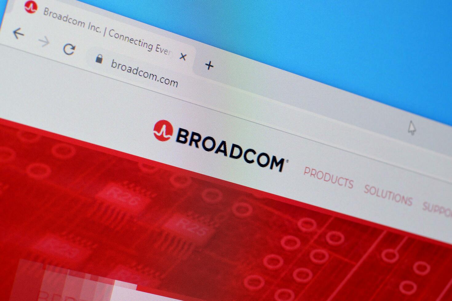 Homepage of broadcom website on the display of PC, url - broadcom.com. photo