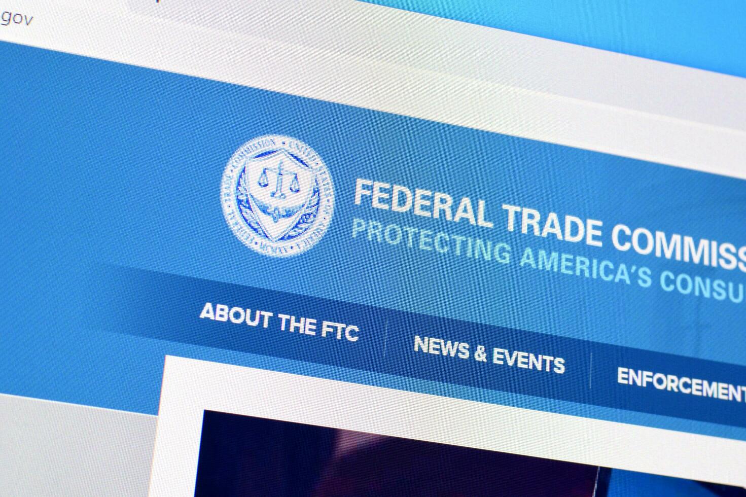 Homepage of ftc website on the display of PC, url - ftc.gov. photo