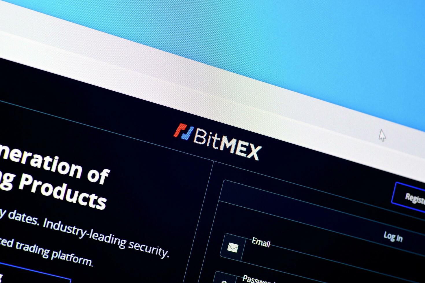 Homepage of bitmex website on the display of PC, url - bitmex.com. photo