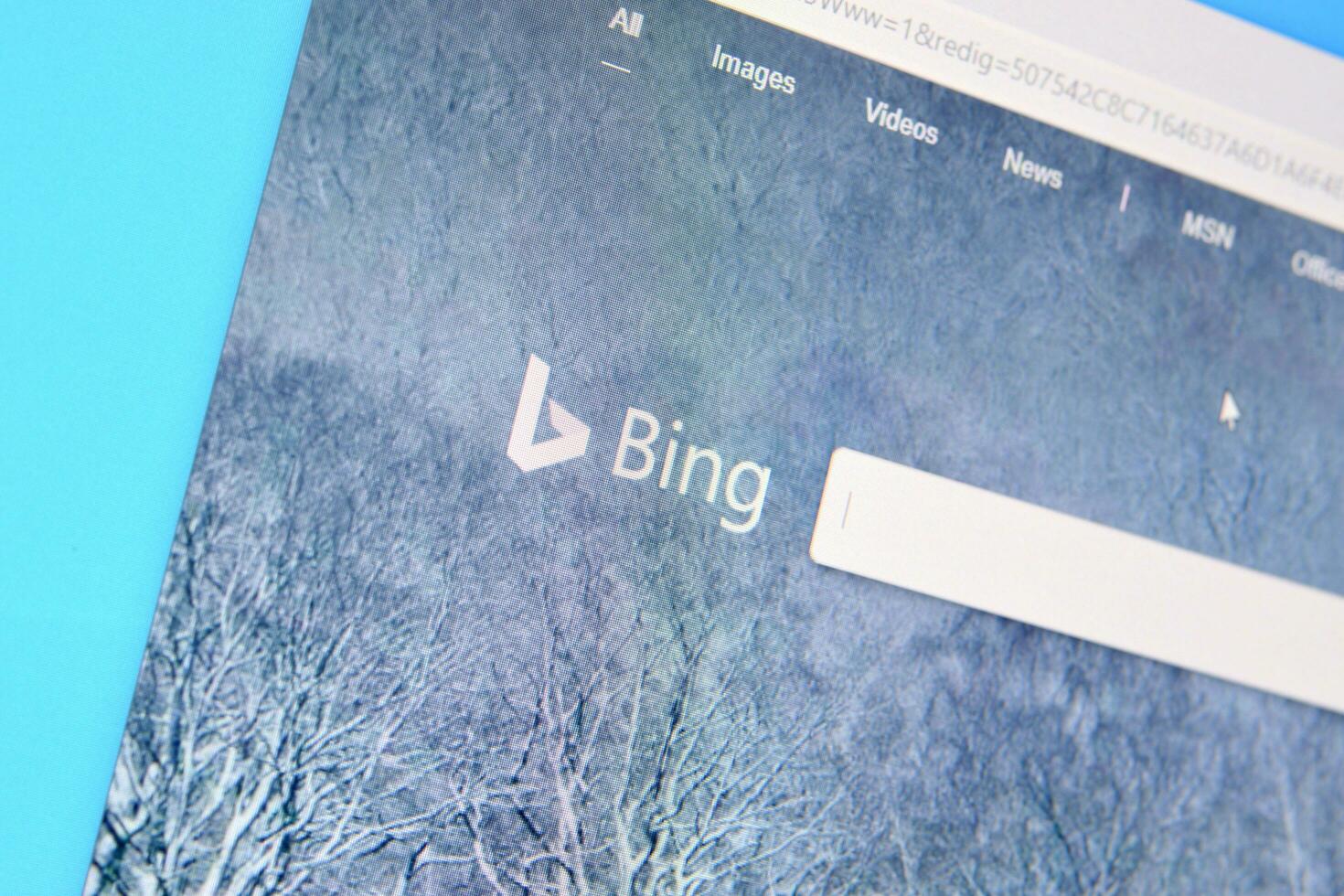 Homepage of bing website on the display of PC, url - bing.com. photo