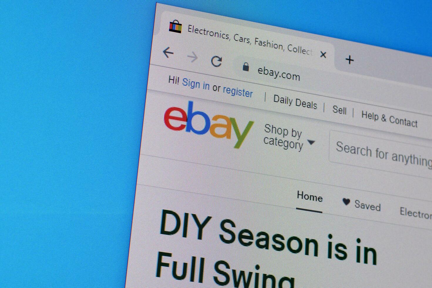 Homepage of ebay website on the display of PC, url - ebay.com. photo